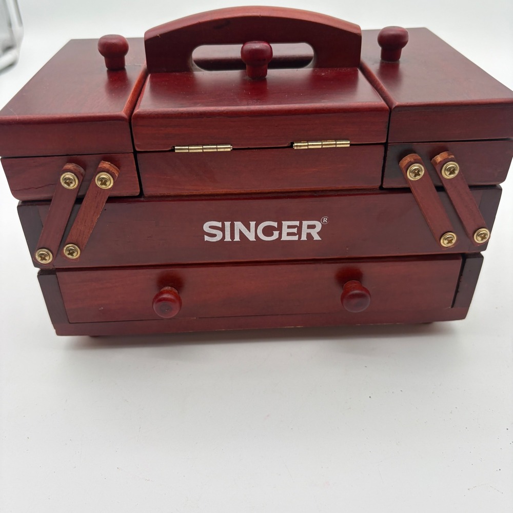 Singer Wooden Sewing Box Cantilever Accordion Jewelry Chest Cherry Finish 10.5in - Picture 6 of 10